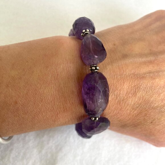 Sterling Silver 925 Faceted Amethyst Chunk Beaded Bracelet 8" Fits 6.75" Wrist - Picture 12 of 16